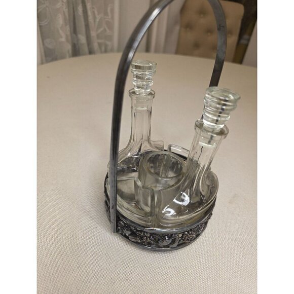 Vintage Ornate Silver Plate Glass Cruet Set With Decorative Handle & Fruit Motif - Picture 12 of 15